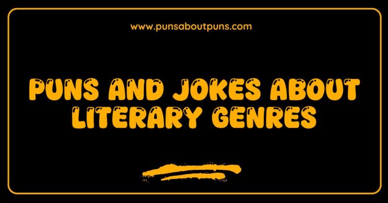 Here are a few options, playing with slightly different focuses: **Option 1 (Focus on the concept):** > A humorous illustration showcasing puns and jokes about literary genres, including examples for fantasy, mystery, and romance. **Option 2 (Focus on visual aspect):** > A cartoon image depicting various literary genres with related puns and jokes, creating a lighthearted visual representation of the topic. **Option 3 (More concise):** > Image with funny puns and jokes about different literary genres, making reading more enjoyable. **Option 4 (Emphasis on categories):** > Visual pun and joke examples related to popular literary genres such as science fiction, historical fiction and thrillers.